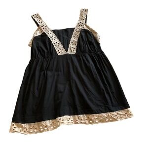 Venezia Babydoll Top Women 28 Black Eyelet Lace Trim Cotton Sleeveless Smocked